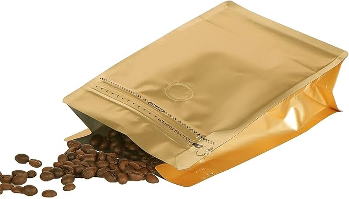 REMTAP Coffee Bags with Valve(100pcs,16oz) Golden High Barrier Aluminumed Foil Flat Bottom Standing Coffee Beans Storage Bags,Reusable Heat Sealable Side Zipper Pouches for Home or Store