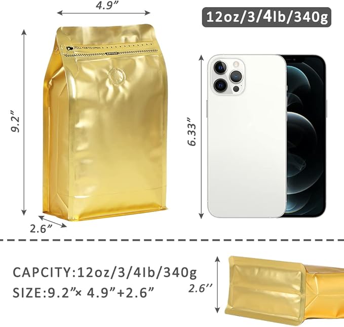 coffee bags with Valve High Barrier Aluminumed Foil Flat Bottom Standing Coffee Beans Storage Bags,Reusable Heat Sealable Side Zipper Pouches (12oz/50pcs, Gold)