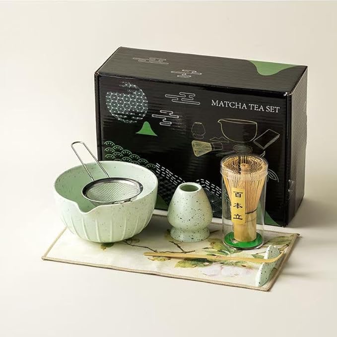 7Pcs Japanese Matcha Tea Set, Matcha Kit with Matcha Bowl (with Pouring Spout), Matcha Whisk, Whisk Holder, Strainer - Elegant Matcha Set for Gifting and Personal Use, Gift Box Packaging (Green spots)