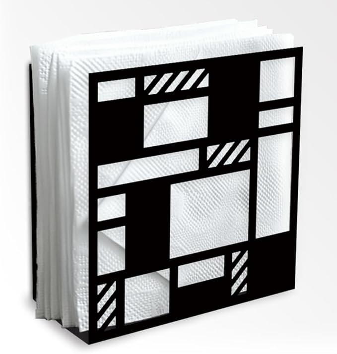 Modern Checkered Decorative Black Metal Napkin Holder for Table, 5.3" x 4.9" x 1.9" Geometric Cutout Standing Napkin Holder for Home Kitchen Restaurant Picnic Party Coffee Bar Dining Room