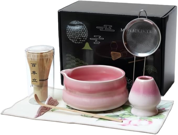 7pcs sunset pink matcha whisk set with cute 'Chubby Belly' design - complete matcha kit set includes bamboo whisk, bowl, stand, scoop, sifter, towel -ideal gift for women and Japanese tea ceremony