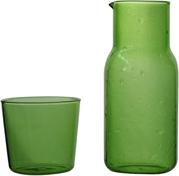 Bedside Glass Water Carafe Set with Cup, Glass Carafe with Lid Mouthwash Cups for Bedroom Bathroom Juice Wine Milk 19oz