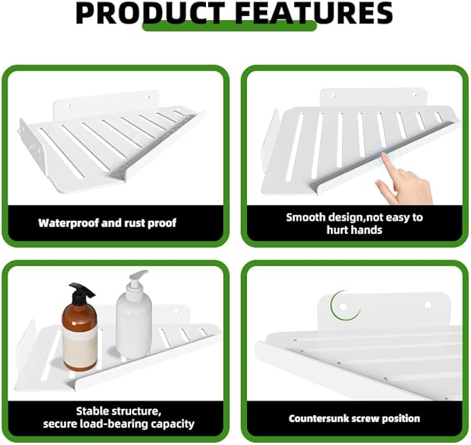 Corner Shelf Kitchen Storage, Bathroom Shelves Shower Caddy Hanging, Matte Floating Shelves for Wall, Recessed Stainless Steel Rack for Tiled Wall, White 10x8 inch(25x20cm)