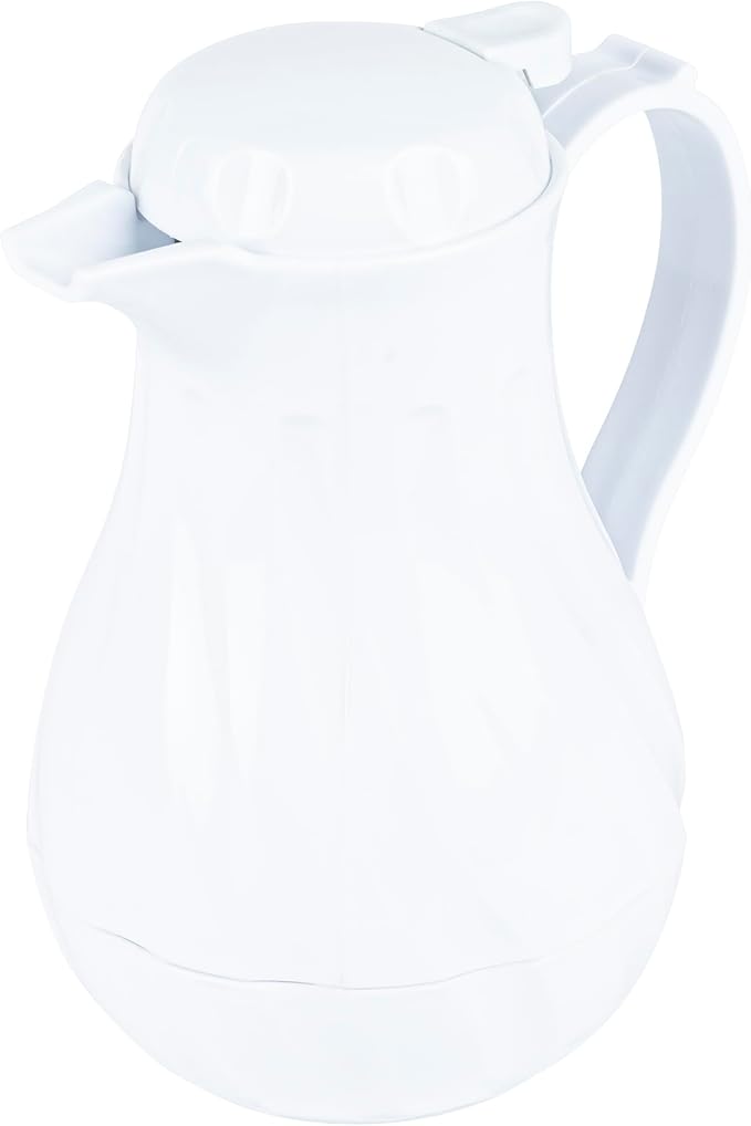 Restaurantware-Restpresso 20 Ounce Coffee Carafe, 1 Insulated Coffee Server - Push-Button Top, Swirl Design, White Plastic Pitcher, Built-In Handle, With Identification Tags