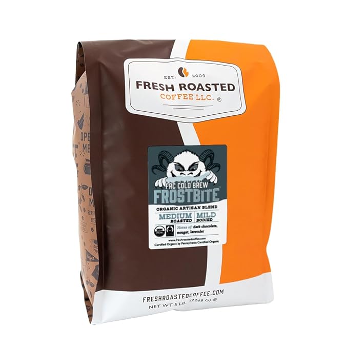 Fresh Roasted Coffee, Organic Frostbite Cold Brew | Mold & Myco 3rd Party Tested, USDA Organic, Kosher | Medium Roast | 5 lb Whole Bean