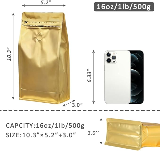 REMTAP Coffee Bags with Valve(100pcs,16oz) Golden High Barrier Aluminumed Foil Flat Bottom Standing Coffee Beans Storage Bags,Reusable Heat Sealable Side Zipper Pouches for Home or Store