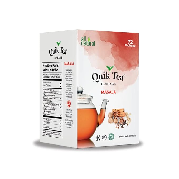 QuikTea Masala Chai Tea Bags - 72 Count - All Natural, Preservative Free - Non-GMO - Easy To Brew Masala Chai Tea Bags
