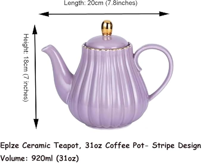 YBK Tech Strengthen Porcelain Teapot, 31oz Coffee Pot Ceramic Teapot- Stripe Design (Purple)