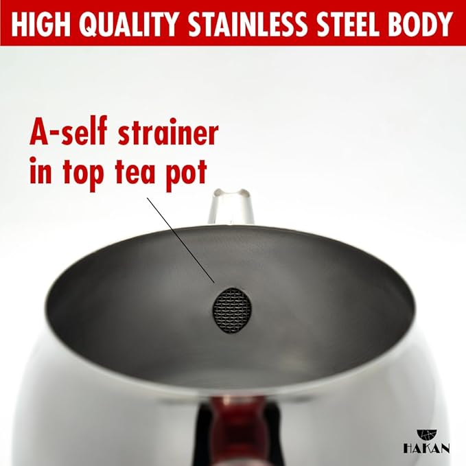 Hakan Stainless Steel 2.8 L, 93 Oz, Midi Double Bondy Tea Pot Set with Self Strainer Double Lids, Turkish Samovar Style Teapot Set, Tea Kettle for Loose Leaf Tea with Red Bakelite Handle 2.9-Quart