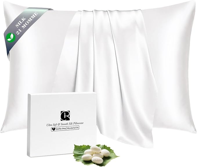 Ravmix Silk Pillow Cases with Zipper, 21momme Mulberry Silk Pillowcase for Hair Skin Health, Soft Smooth Breathable Cool Pillow Cover for Beauty Sleep with Gift Box 1PC(King 20"x36", Ivory White)
