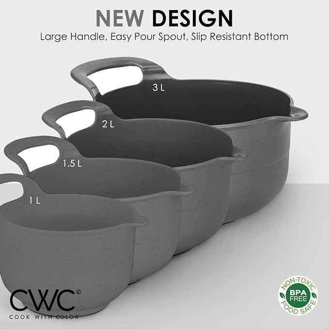 COOK WITH COLOR Nesting Plastic Mixing Bowl Set with Pour Spouts and Handles, Speckled Charcoal, 4 Piece