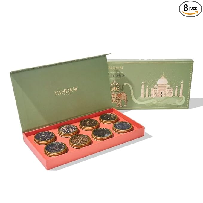 VAHDAM, Weekend in Taj Mahal Christmas Tea Gift Set - 8 Loose Teas | Tin Caddy Travel Edition Gift Box | Christmas 2025 Gift Ideas for Women & Men | Gluten Free, Non GMO