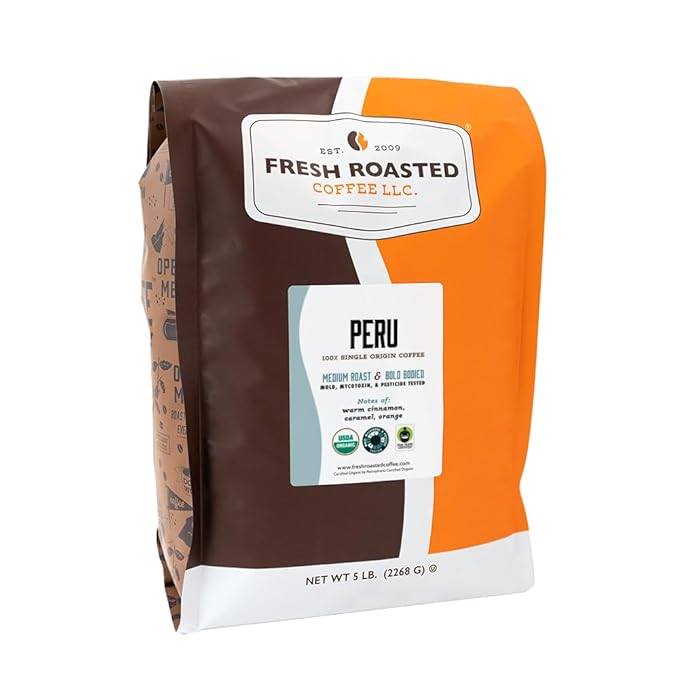Fresh Roasted Coffee, USDA Organic Peru | 3rd Party Tested for Pesticides, Mold, Mycotoxins, Kosher | 100% Arabica, Specialty Grade, Med Roast 5 lb (80 oz) Whole Bean