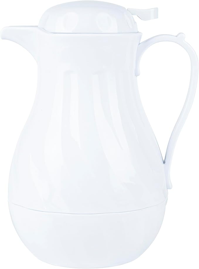 Restaurantware-Restpresso 64 Ounce Coffee Carafe, 1 Insulated Coffee Server - Push-Button Top, Swirl Design, White Plastic Pitcher, Built-In Handle, With Identification Tags