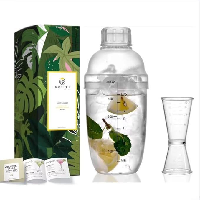 Homestia 2 pcs Clear Cocktail Shaker Set, 1 pcs Plastic Bar Shaker with 1pc Plastic Cocktail Double Measuring Jigger, Hand Drink Mixer Boba Tea Shaker w/Scales, Bar Tool Transparent (500ml/17oz)