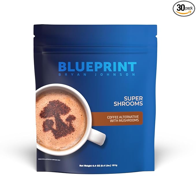 Blueprint by Bryan Johnson Super Shroom Coffee – Mushroom Coffee with Lion’s Mane, Reishi & GABA – 70mg Caffeine – Focus & Energy Coffee – Adaptogenic Coffee Alternative – 30 Servings