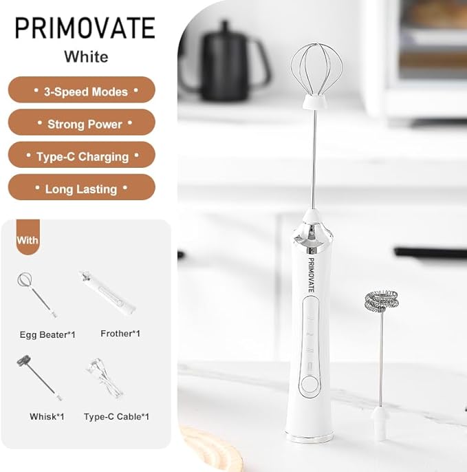 Rechargable Milk Frother, Handheld Drink Mixer with Whisk Attachment, 2025 upgraded powerfull 3 speed motor, Type C charging with charge light, with extra egg mix head (White without Stand)