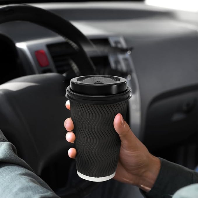 16 oz Coffee Cups with Lids, 500 Pack Disposable Coffee Cups Insulated Ripple Paper Cups for Water, Juice, Espresso (Black 16 oz)
