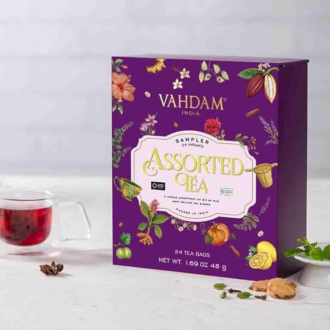 VAHDAM, Classic Tea Sampler Gift Set | 24 Unique Flavor in Individually Wrapped Pyramid Tea Bags in Classic Box | Assorted Tea Gift Set | Christmas Gifts for Women & Men