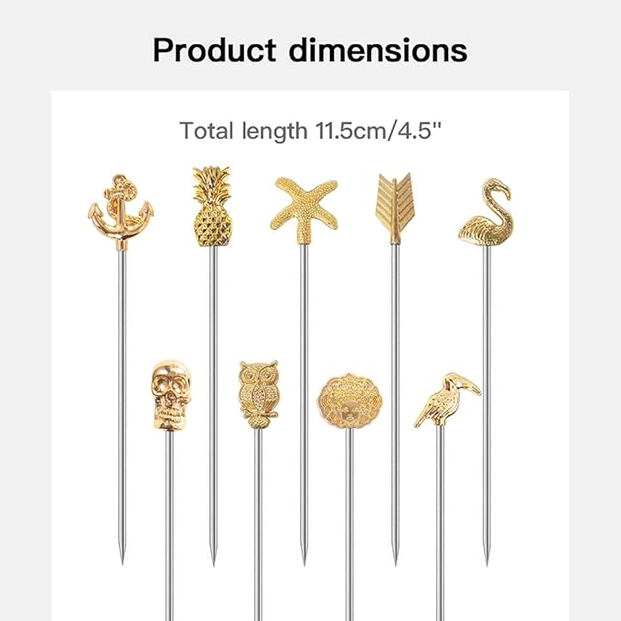 Martini Cocktail Picks Reusable Olive Picks Garnish Skewer Fruit Toothpicks Set of 9 (Gold)