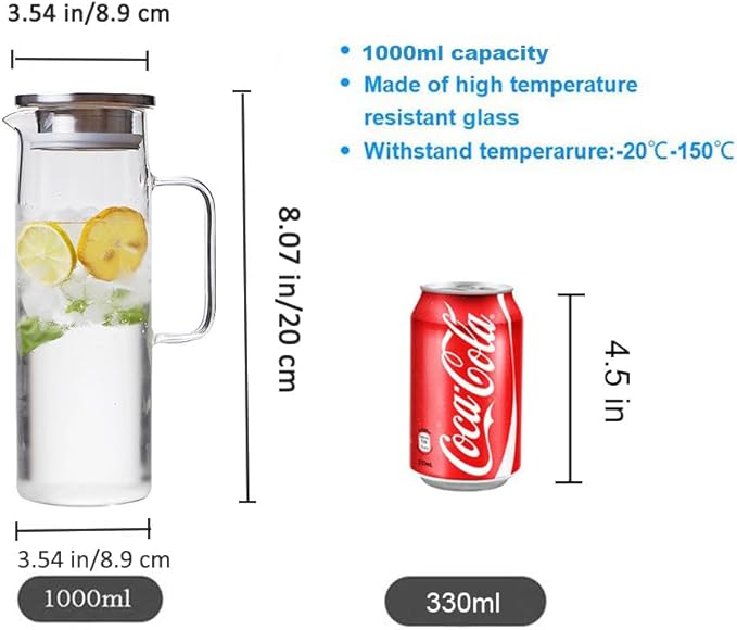Hwagui - Heat Resistant Glass Pitcher with Stainless Steel Lid, Water Carafe with Handle, Good Beverage Pitcher for Homemade Juice and Iced Tea, 1000ml/34oz
