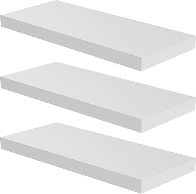 Floating Shelf, Set of 3 Wall Shelf, 24 in W x 12.75 in D x 2 in H Wooden Floating Wall Shelf with Invisible Brackets for Living Room/Bedroom/Bathroom/Kitchen Storage and Decor, White