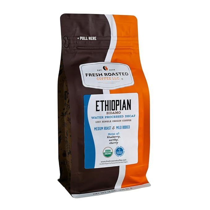 Fresh Roasted Coffee, Organic Ethiopian Sidamo Water-Processed Decaf | USDA Organic, 100% Single Origin, Kosher | Medium Roast 12 oz Whole Bean