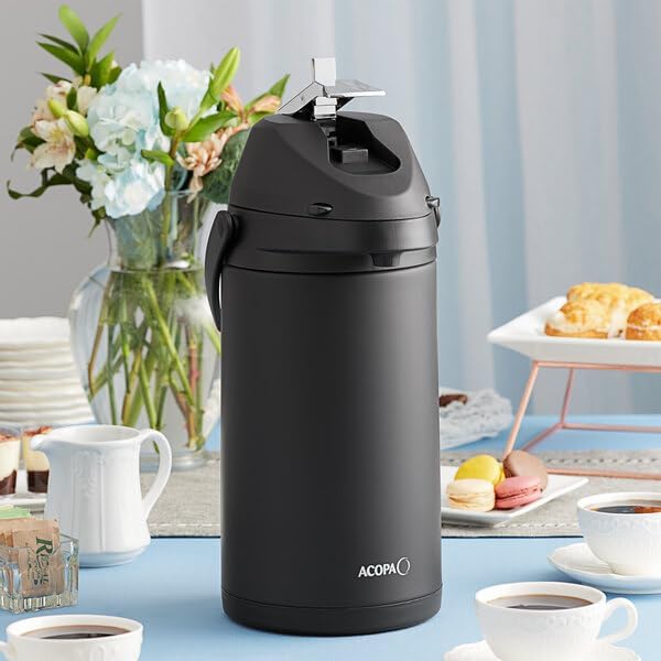 4 Liter Stainless Steel Airpot, Matte Black, Double Wall Insulated with Metal Lever, Round, BPA Free, for Coffee Shops and Offices