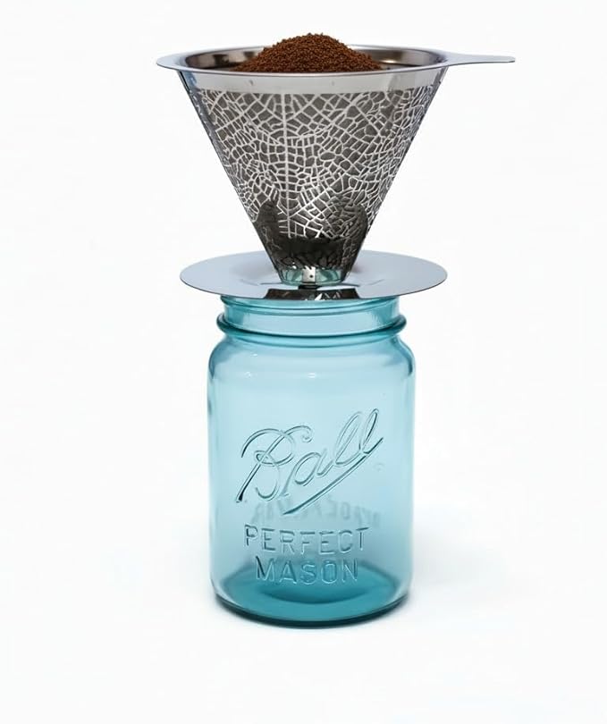 Reusable Stainless Steel Pour Over Drip Coffee Filter for Mason Jars,Fits Wide Mouth & Regular Jars, Manual Brew Coffee Dripper,No Paper Filters Needed,Rustproof,Dishwasher Safe