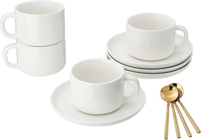 Coffee Cups and Saucers Set of 4 with Stainless Steel Spoons, 8oz Ceramic Cappuccino Cups Set, White Durable Porcelain Cups for Tea, Latte, Mocha