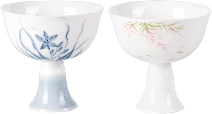 KAMMAK Tea Cup, 2.5oz Small Tea Cups Set of 2, White Porcelain Tea Set with Short Stem for Hot/Cold Drink, Pink and Blue Floral Ceramic Teacups, Chinese Kungfu Tea Cups for Home, Tea Party, Office