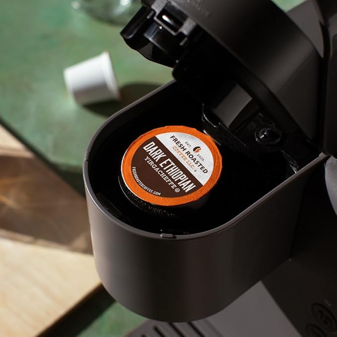 Fresh Roasted Coffee, Dark Ethiopian Yirgacheffe Kochere, Dark Roast, 72 Pods for K Cup Brewers