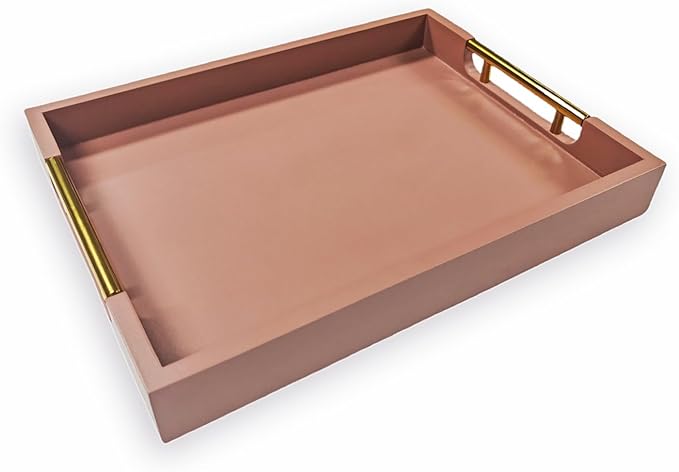 Wooden Decorative Coffee Table Tray, 16" Serving Tray with Gold Handles for Ottoman, Living Room, Perfume, Vanity Dresser Organizer (Mocha)