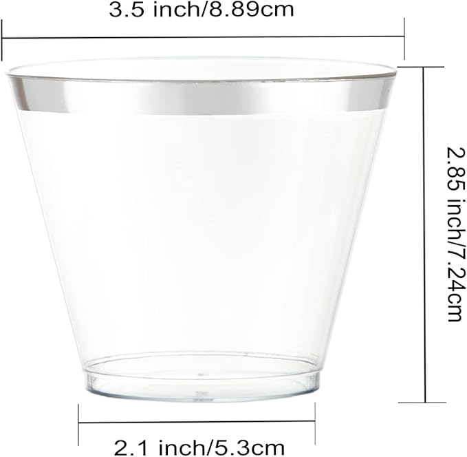 WELLIFE 200pcs Silver Cups, 9OZ Clear Plastic Cups,Plastic Wine Glasses Disposable,Cocktail Glasses for Party and Weddings