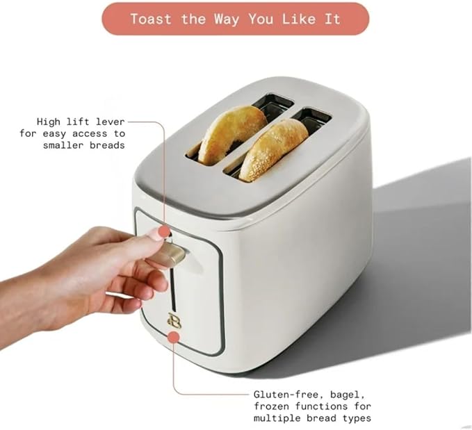 Beautiful by Drew Barrymore 2-Slice Toaster, Touch-Activated Display, 7 Shade Settings, Bagel/Frozen/Reheat Presets.