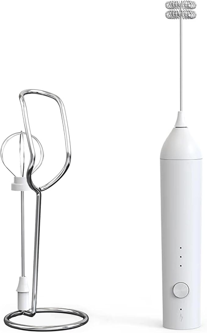 Handheld Milk Frother Wand Rechargeable with Stand - Double Whisk Milk Frother Handheld -3 Speed Levels- Coffee Stirrers Electric Drink Mixer - Coffee Frother Handheld