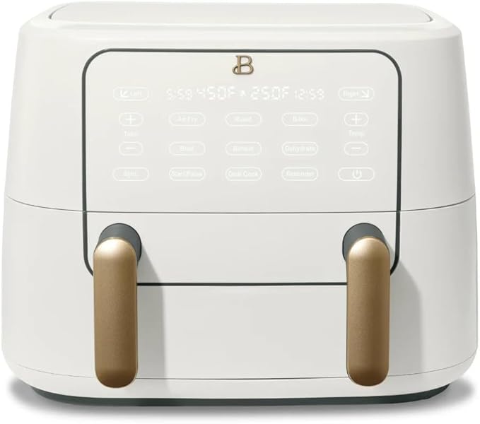 Beautiful 9QT TriZone Air Fryer, White by Drew Barrymore – Dual & Single Zone Cooking, Sync Cook & Finish, 6 Presets, Family Size, Elegant Matte Design, Dishwasher Safe