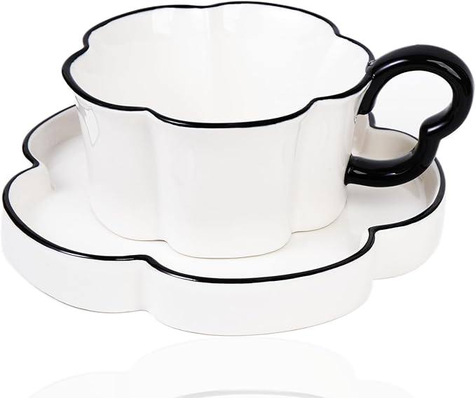 Ceramic Coffee Mug with Saucer Set, Creative Cute Cup with Flower Coaster for Office and Home, 8.4 oz/240 ml for Tea Latte Milk-White