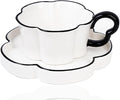 Ceramic Coffee Mug with Saucer Set, Creative Cute Cup with Flower Coaster for Office and Home, 8.4 oz/240 ml for Tea Latte Milk-White
