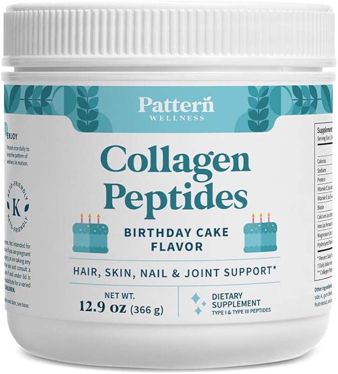Pattern Wellness Collagen Peptides Powder (Type I & III) - Hair, Nails, Skin & Joint Support - Grass Fed & Pasture-Raised - Hydrolyzed, Non-GMO, Dairy Free, & Keto-Friendly - Birthday Cake (13 Oz)