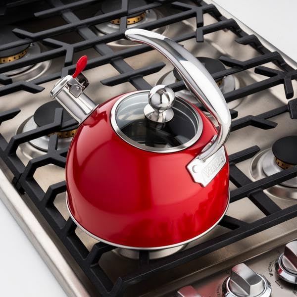 Viking 3-Ply Stainless Steel Tea Kettle, 2.6 Quart Stovetop Hot Water Pot with Tempered Glass Lid, Ergonomic Handle, Induction Ready, Mirror Finish