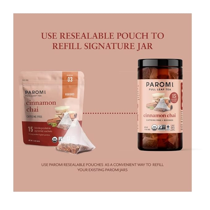 Paromi Cinnamon Chai Rooibos Organic Tea, Signature Jar, 15 Count
