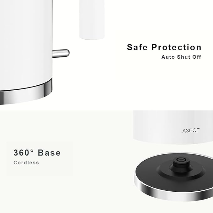 ASCOT Electric Kettle, Electric Tea Kettle 1.6L 1500W Retro Tea Heater & Boiling Water, Auto Shut-Off and Boil-Dry Protection (White)