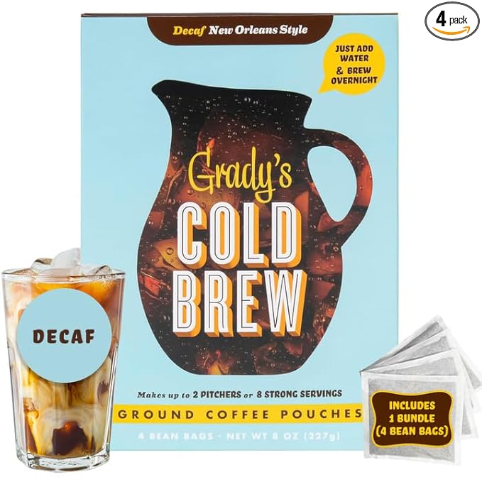 GRADY’S COLD BREW, New Orleans Style - DECAF, 100% Arabica Ground Coffee & Chicory Pouches, ONE Bundle of 4 Easy-to-Brew Bean Bags, Makes 12 drinks