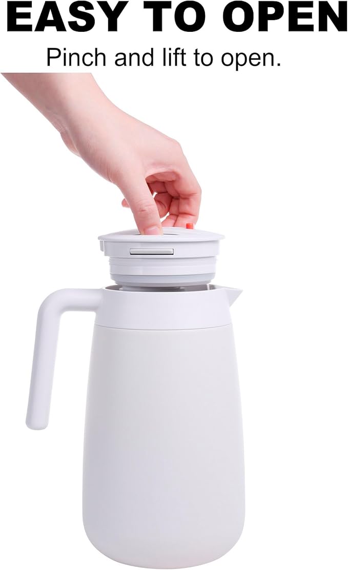 GiNT 54Oz/1.6L Thermal Coffee Carafe Wide Mouth - Double Wall Vacuum Insulated Stainless Steel Beverage Dispenser with Safety Lock | 12H Hot & 24H Cold Retention (White)
