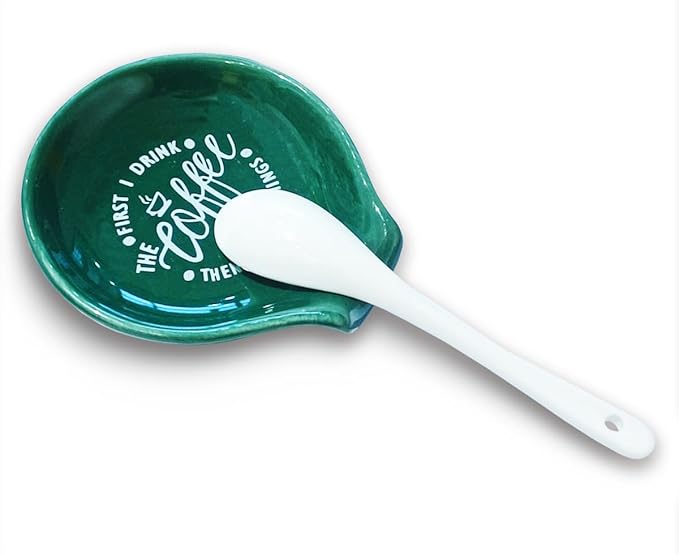 Funny Coffee Quote First I Drink The Coffee Then I Do The Things Ceramic Spoon Holder-Blackish Green Coffee Spoon Rest -Cafe Station Bar Accessories