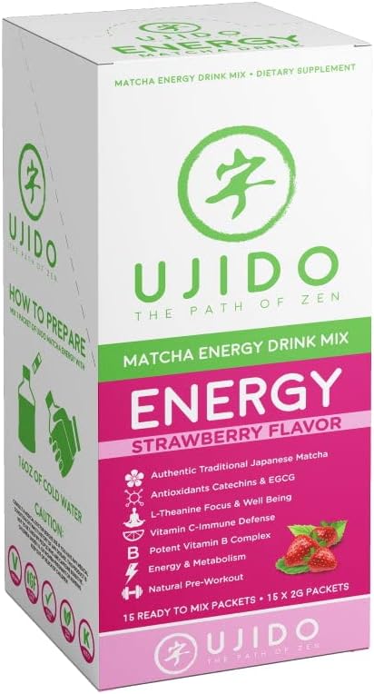 Ujido Matcha Energy Packets, Strawberry Flavor, Sugar-Free, Monkfruit, Non-GMO, Antioxidant, Keto & Vegan, 2g x 15 Count