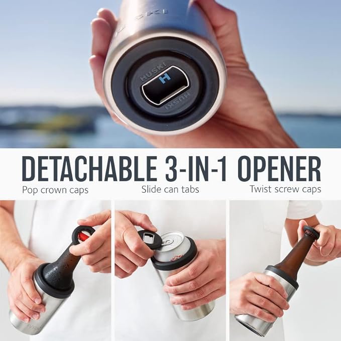 Huski Beer Cooler 2.0 | NEW | Premium Can and Bottle Holder | Triple Insulated Marine Grade Stainless Steel | Detachable 3-in-1 Opener | Works as a Tumbler | Best Gifts for Beer Lovers (Stainless)