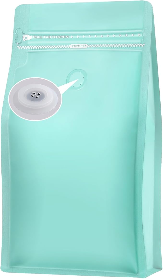 REMTAP Coffee Bags with Valve(50pcs,16oz) Tiffany Blue High Barrier Aluminumed Foil Flat Bottom Standing Coffee Beans Storage Bags,Reusable Heat Sealable Side Zipper Pouches for Home or Store