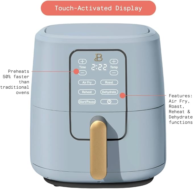 Beautiful 6-Quart Digital Air Fryer – TurboCrisp Tech Touchscreen with 1750W Power, 4 Cooking Modes (Cornflower Blue)